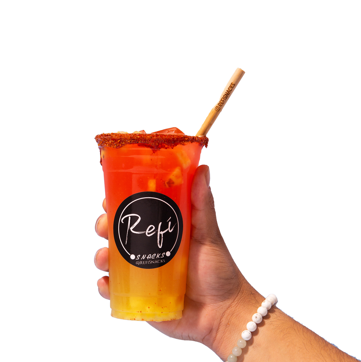 Hand holding a mixed drink in a plastic cup with RefiSnacks sticker on it and lined with the Refi Rim paste