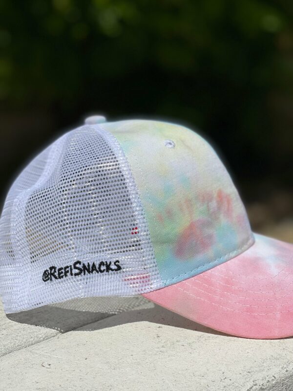 Side view of pastel colored RefiSnacks cap with a mesh back and @RefiSnacks in black