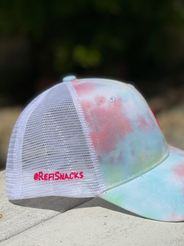 Side view of pastel colored RefiSnacks cap with a mesh back and @RefiSnacks in red
