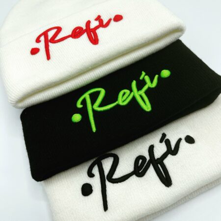 Three different colored RefiSnacks beanies with Refi on them slightly far away