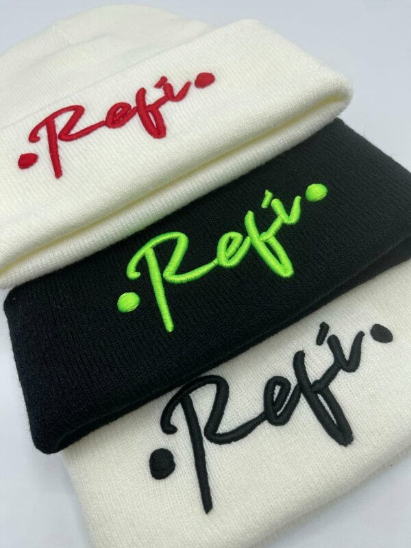 Three different colored RefiSnacks beanies with Refi on them