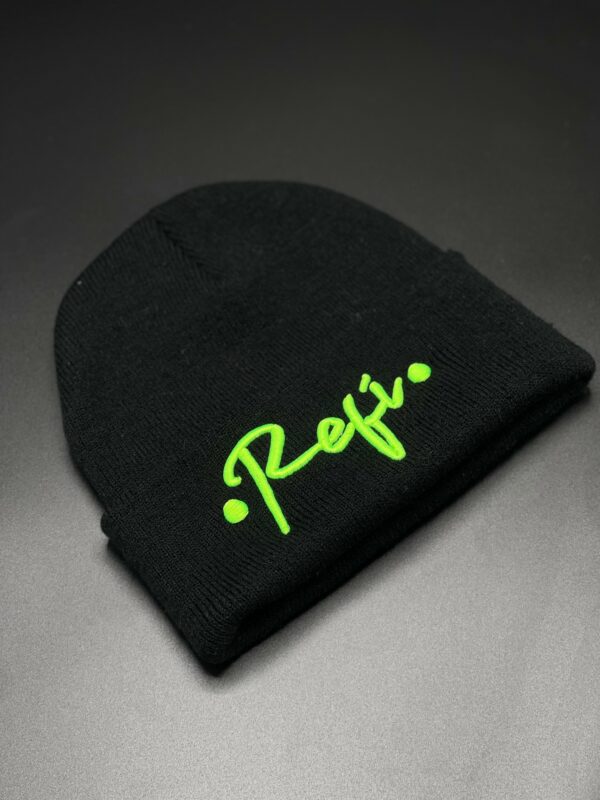 A black RefiSnacks beanie with bright green text that says "Refi"