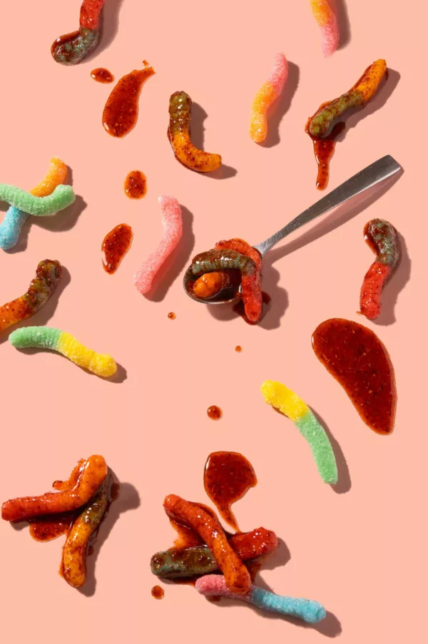 Sour Gummy Worms covered in RefiSnacks chamoy paste