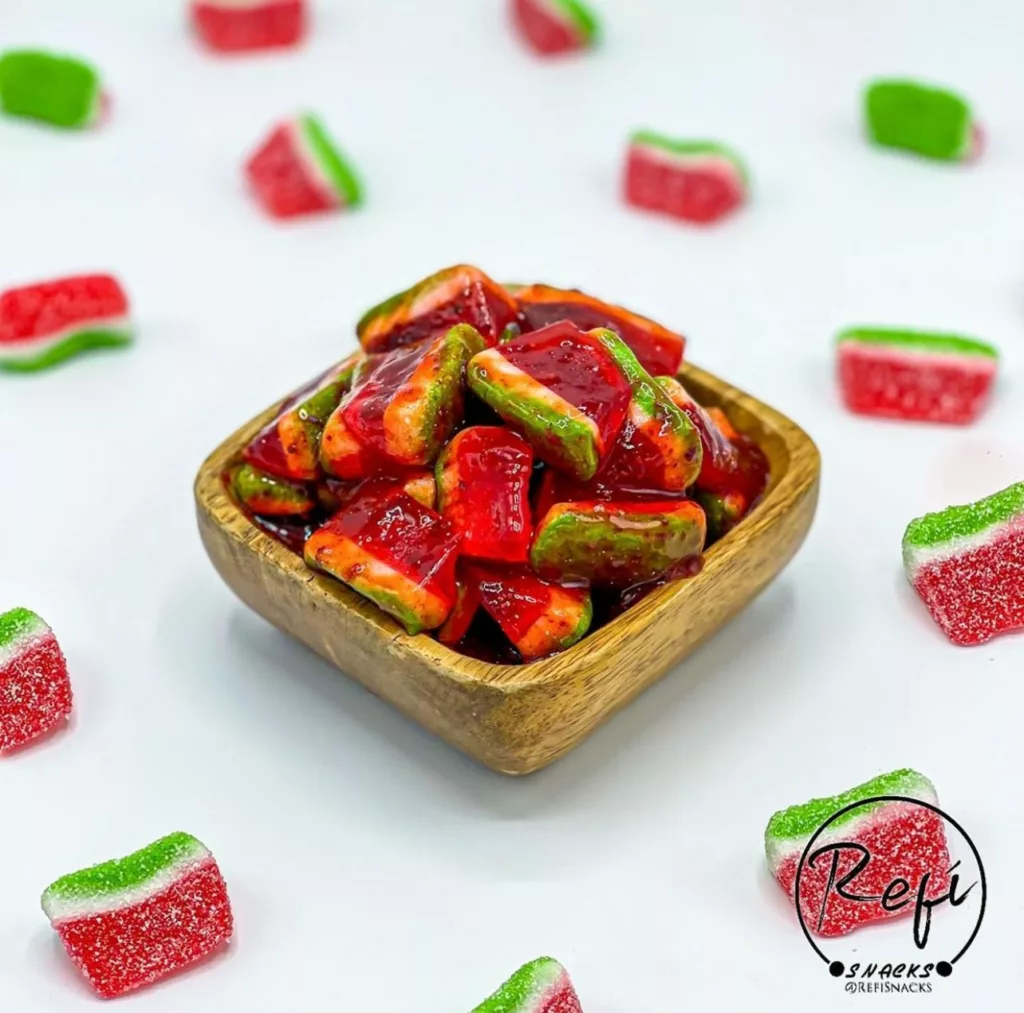 A bowl of RefiSnacks chamoy coated watermelon gummies